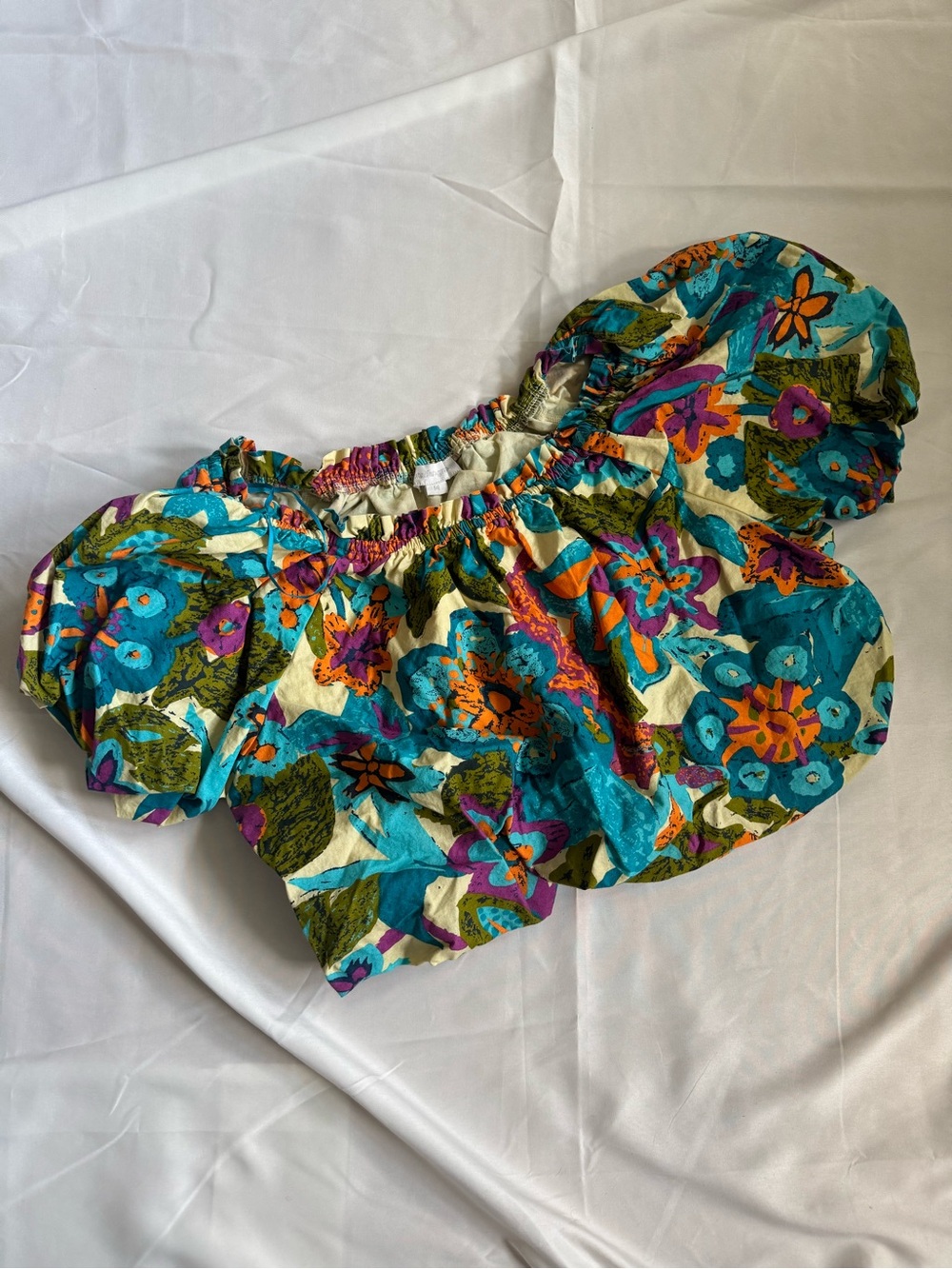 Jennifer & Grace Tropical Floral Puff Sleeve Crop Top M Colorful Beach Resort